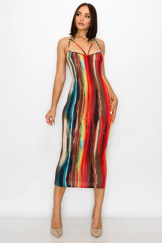 Painted Print Spaghetti Strapped Midi Dress