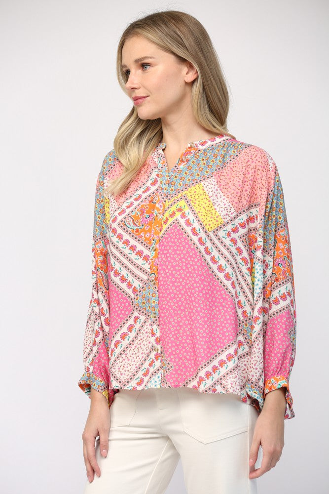 Patchwork Print Dolman Sleeve Top