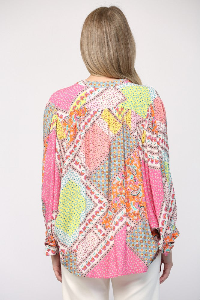 Patchwork Print Dolman Sleeve Top