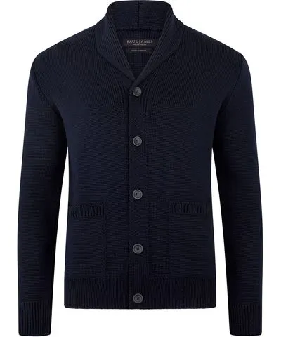 Paul James Knitwear Blue Mens Chunky Merino Wool Marello Shawl Collar Cardigan