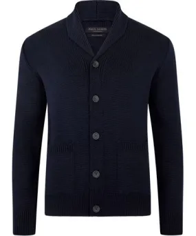 Paul James Knitwear Blue Mens Chunky Merino Wool Marello Shawl Collar Cardigan