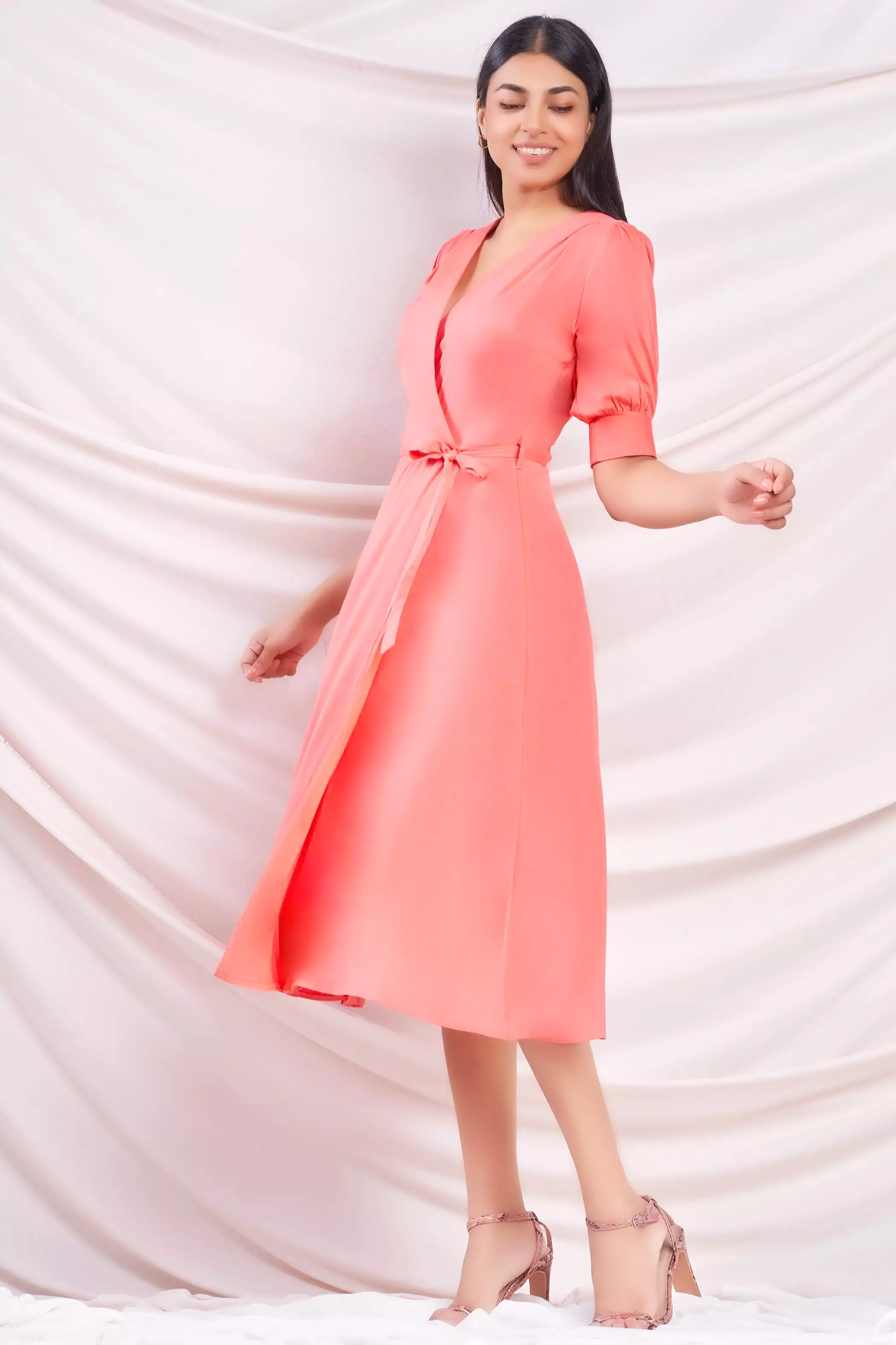 Peach Midi Wrap Dress