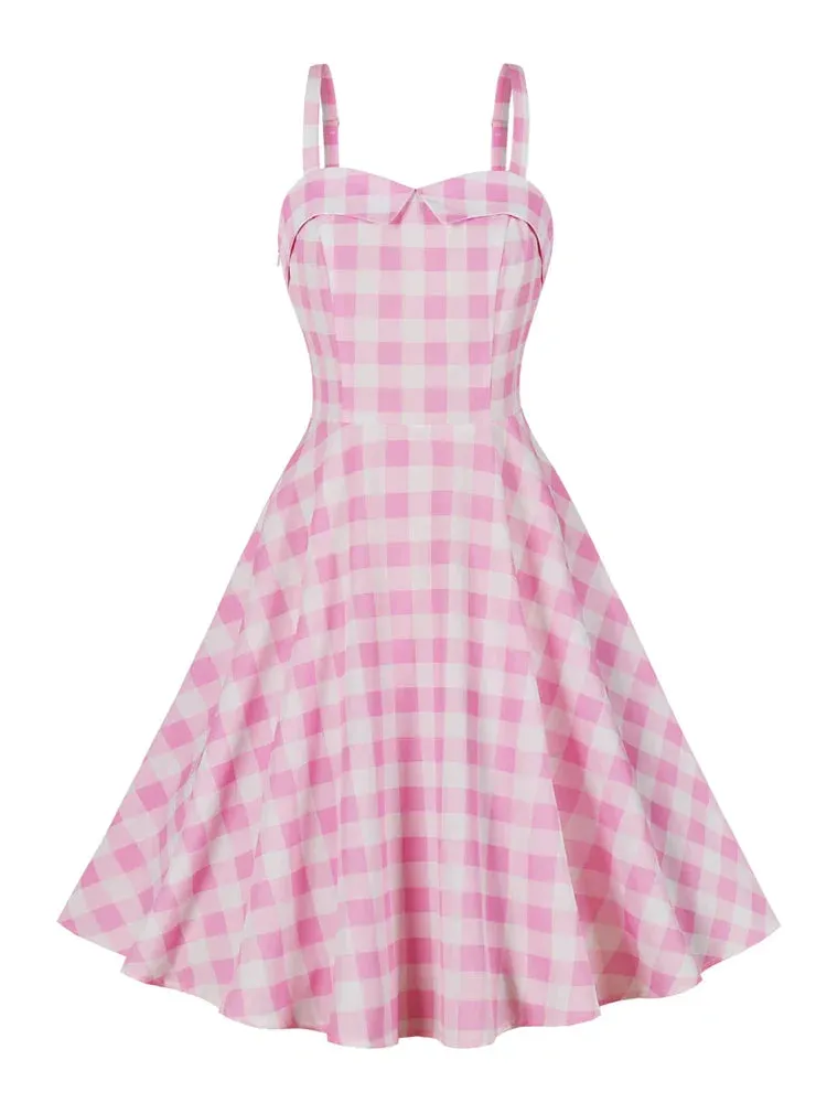 Pink Ladies Dresses Birthday Outfits for Women Spaghetti Strap Fit and Flare 50s Pinup Vintage Party Plaid Dress