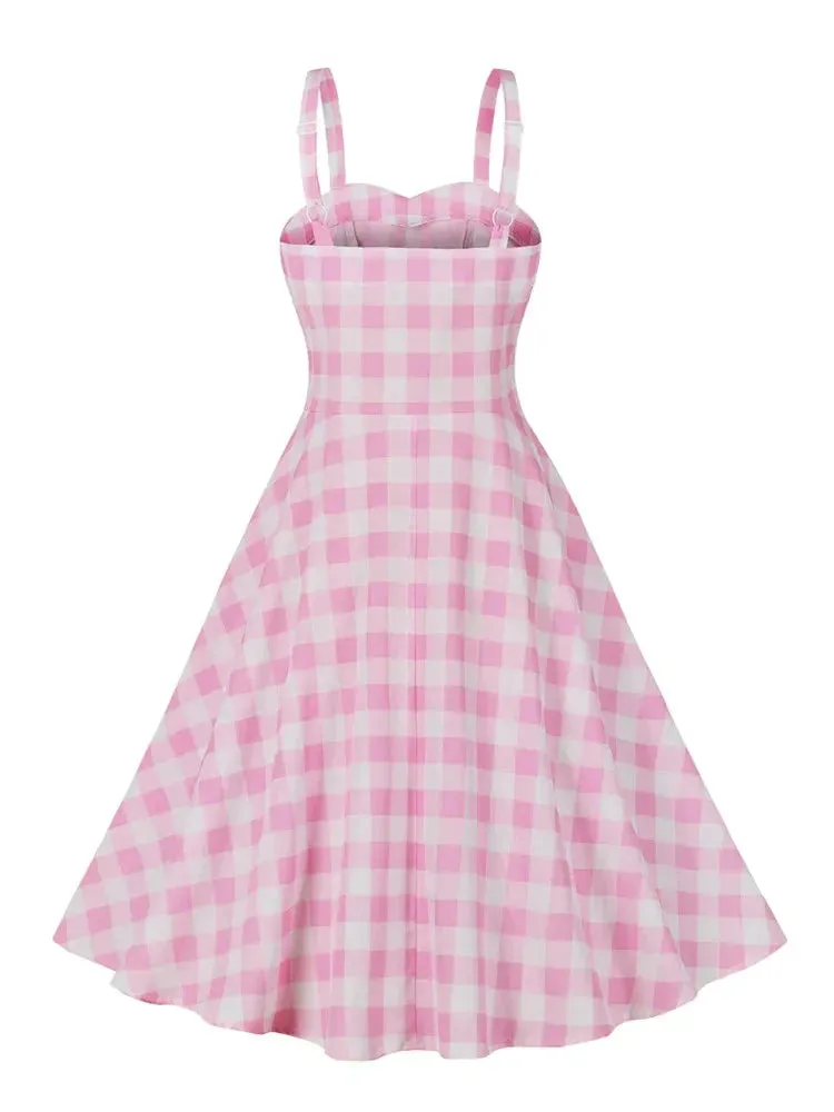 Pink Ladies Dresses Birthday Outfits for Women Spaghetti Strap Fit and Flare 50s Pinup Vintage Party Plaid Dress