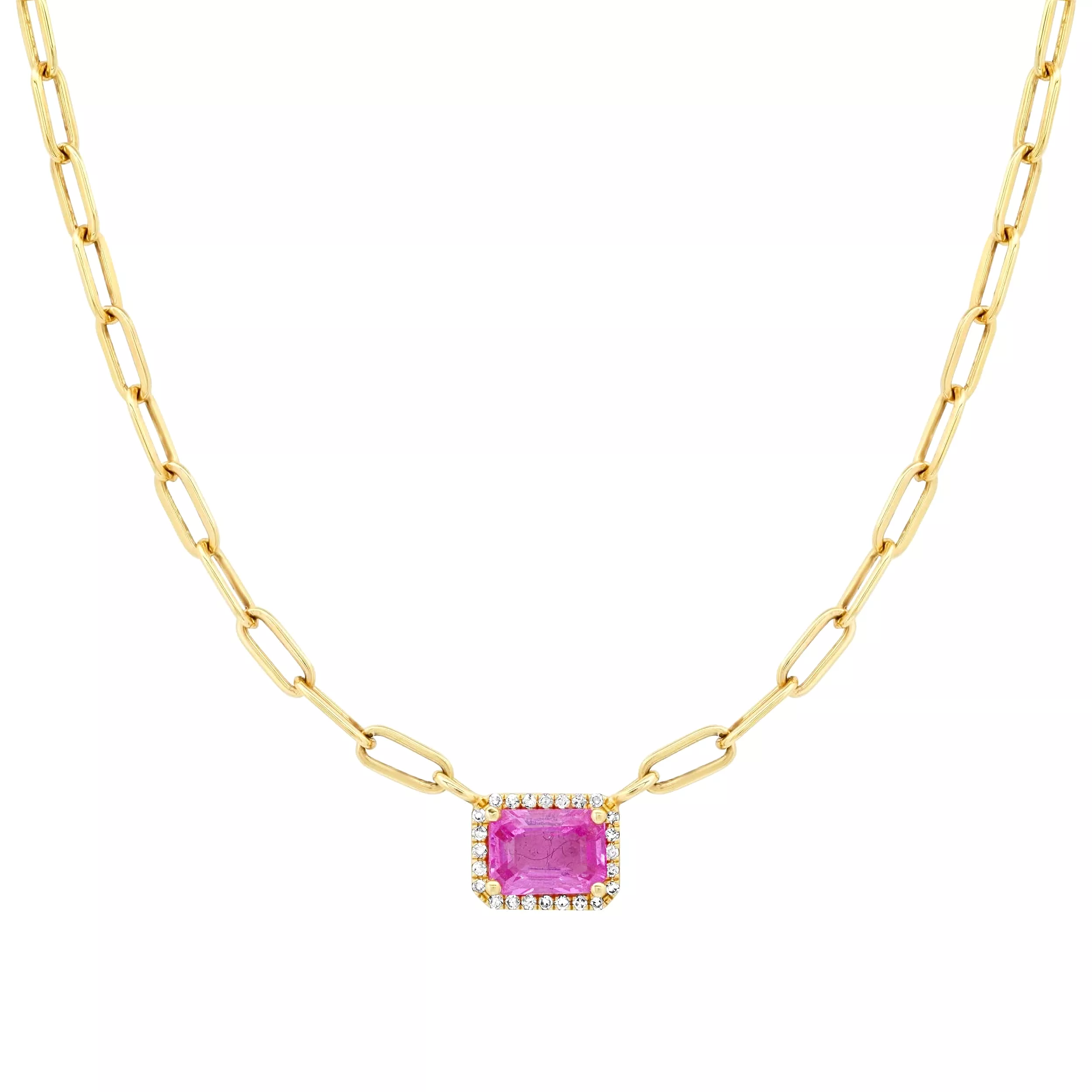 Pink Sapphire and Diamond Paper Clips Chain Necklace