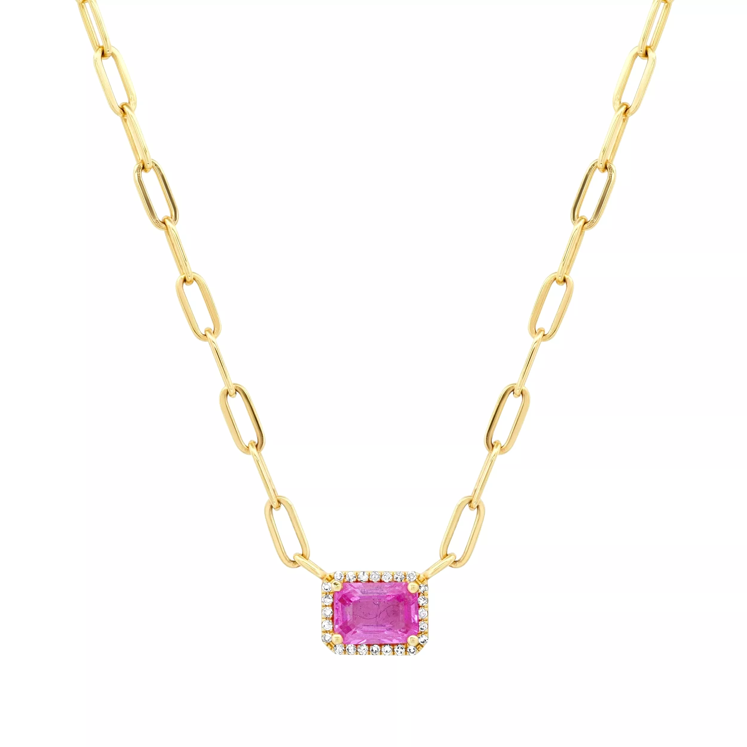 Pink Sapphire and Diamond Paper Clips Chain Necklace