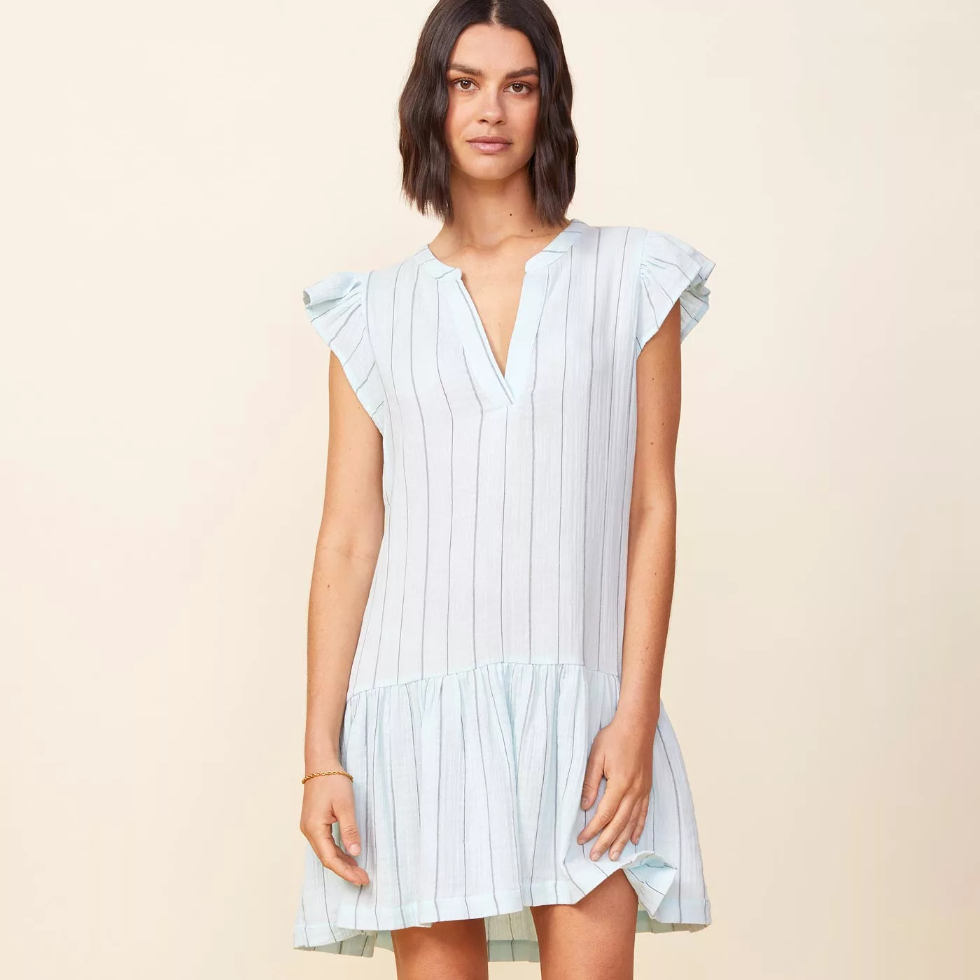 Pinstripe Gauze Easy Ruffle Dress