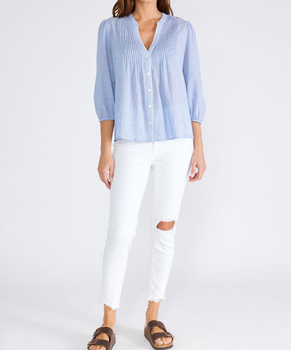 Pintuck 3/4 Sleeve Blouse - Chambray/Ivory