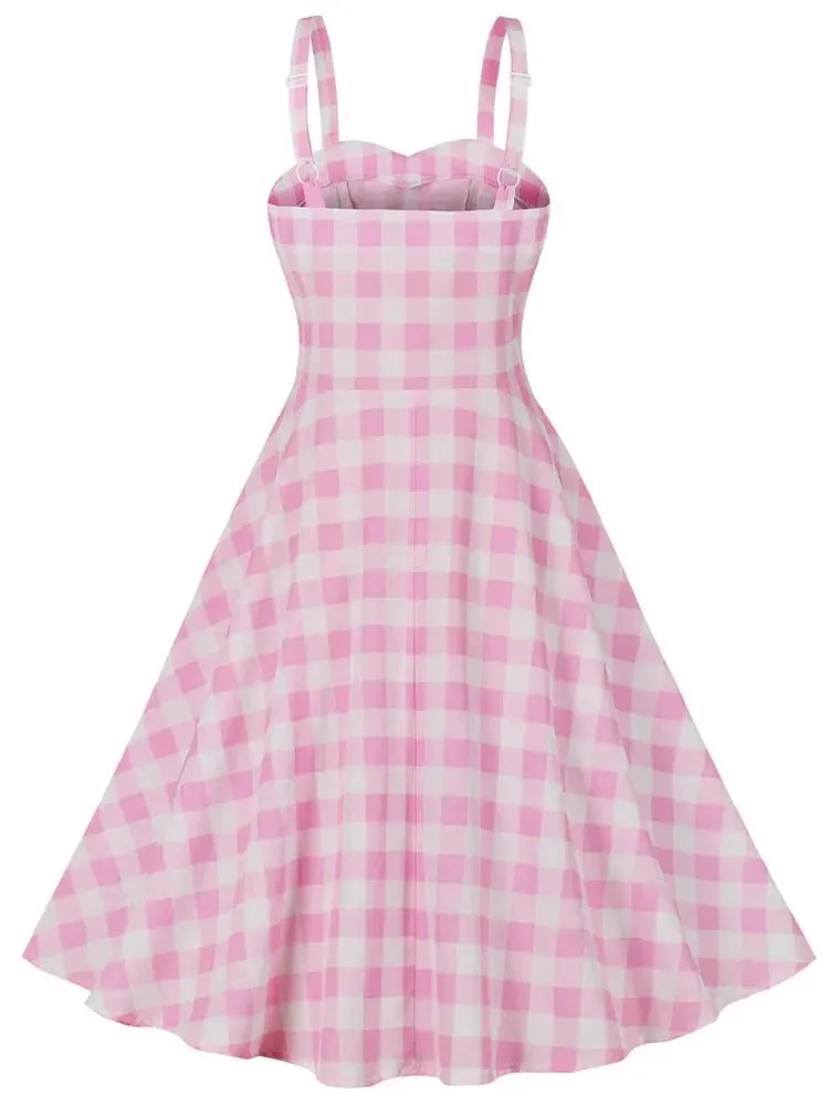 Preppy Style Pink Plaid Print Vintage Casual Party Dress Spaghetti Straps Elegant Swing Pinup Flare Tea Dresses 50s 60s Sundress