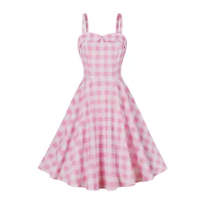 Preppy Style Pink Plaid Print Vintage Casual Party Dress Spaghetti Straps Elegant Swing Pinup Flare Tea Dresses 50s 60s Sundress