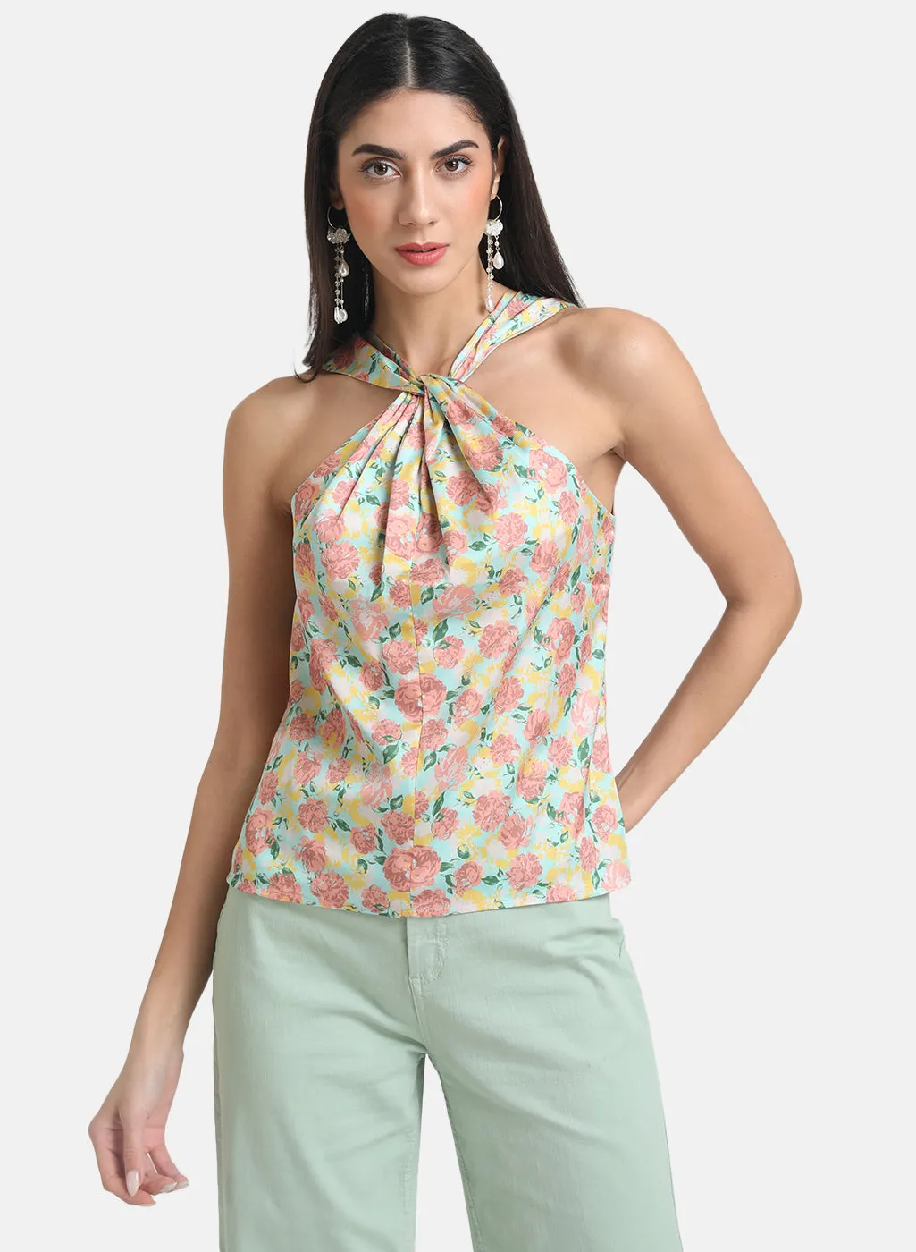 Printed Satin Halter Neck Top