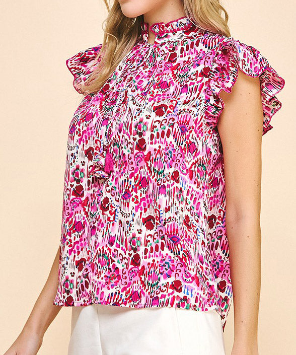 Printed Top with Ruffle Detail - Pink Multi