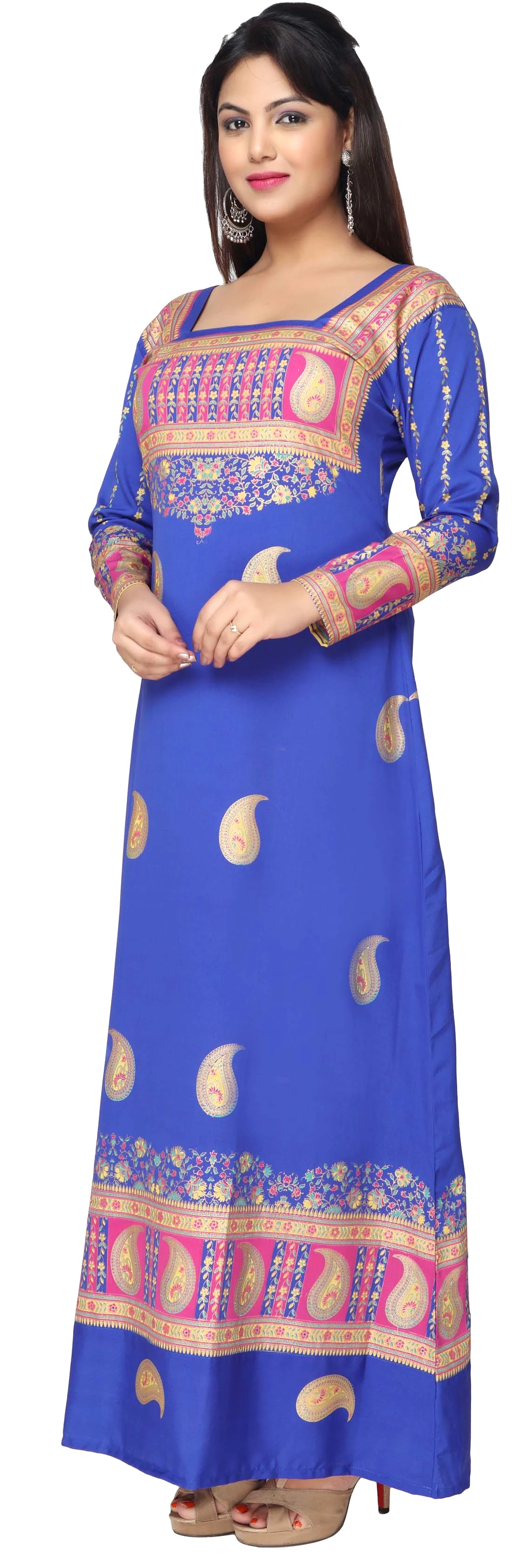 Printed Women's Caftan Long Evening Dress Long Sleeve (Blue)