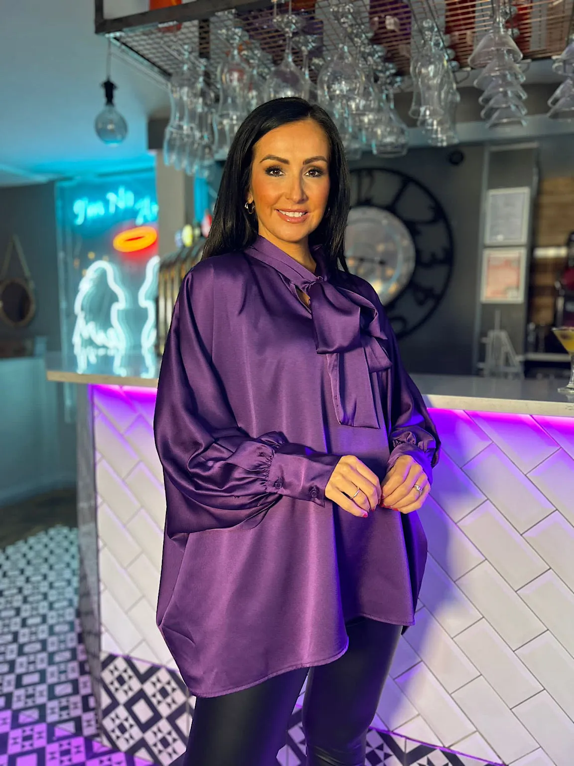 Purple Satin Style Tie Neck Blouse Patsy