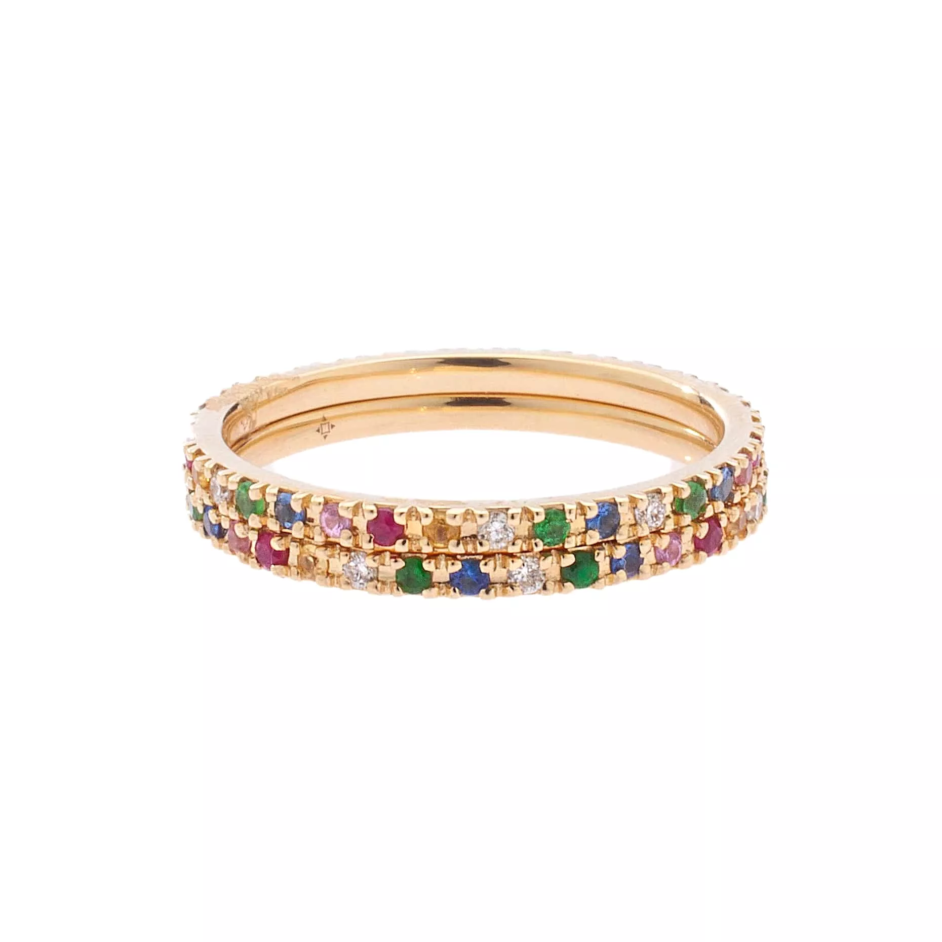 Rainbow 14K Gold Medium size multi-color sapphire and Diamond Eternity Stacking Rings