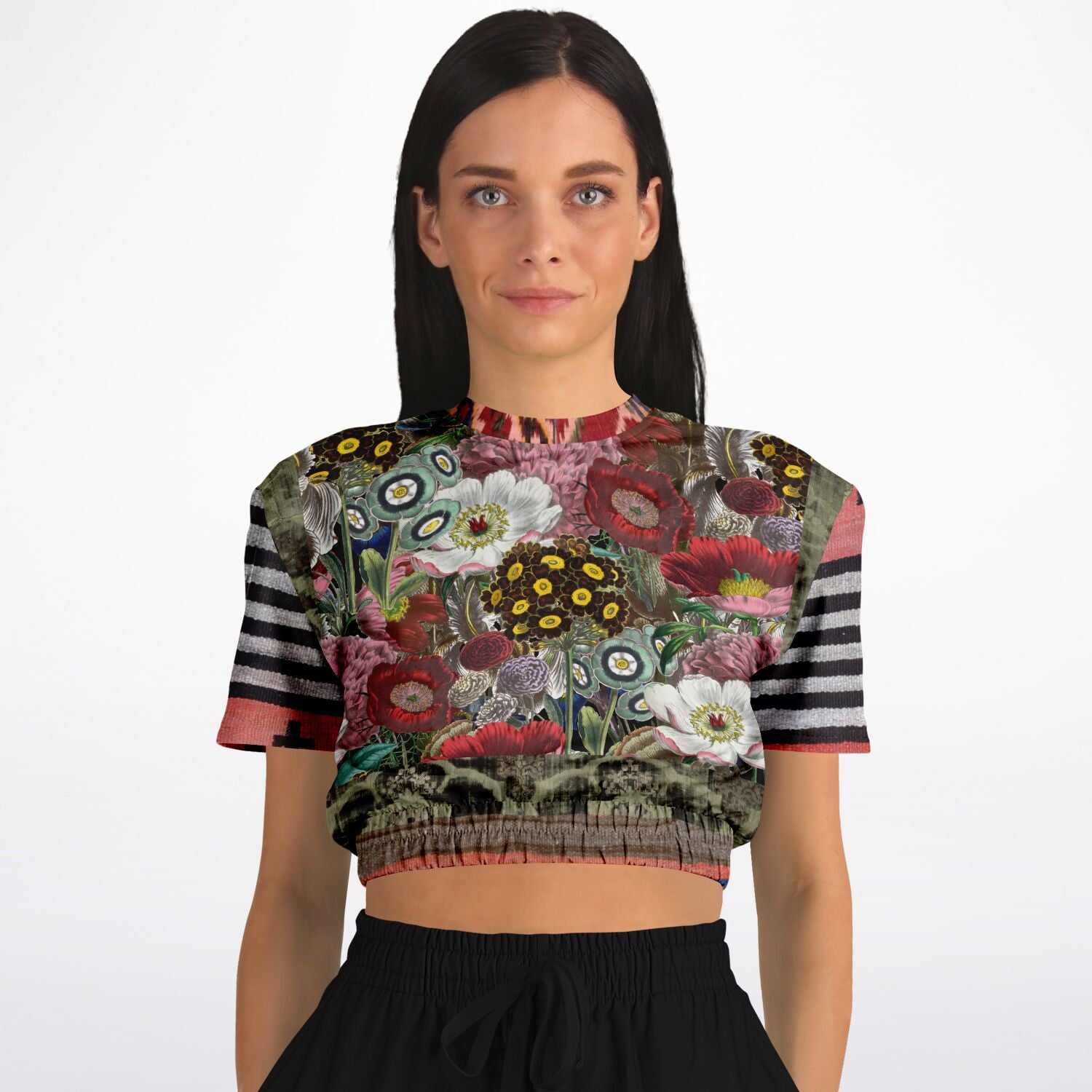 Remembering Woodstock Floral Short Sleeve Cropped Eco-Poly Sweater