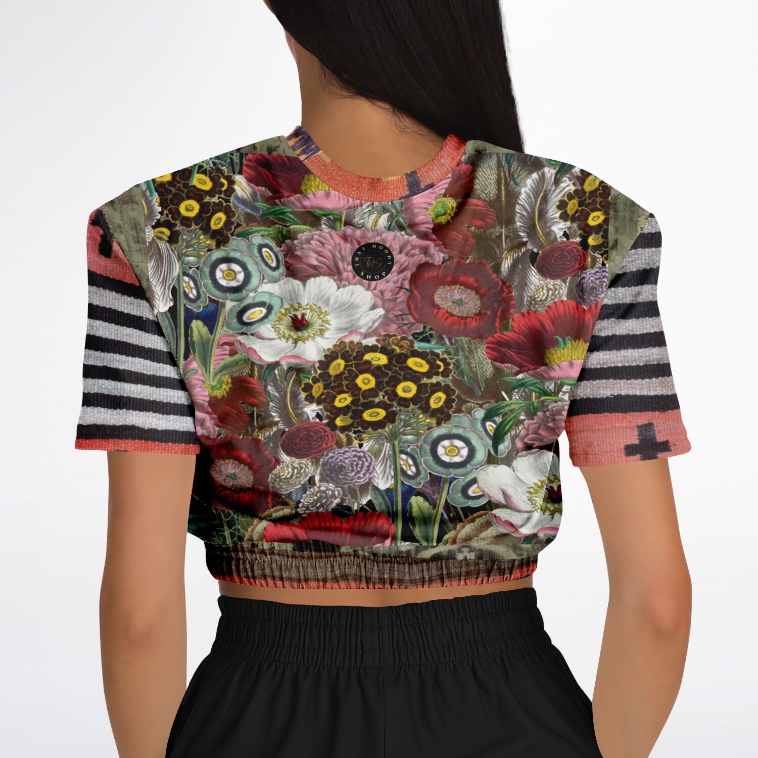 Remembering Woodstock Floral Short Sleeve Cropped Eco-Poly Sweater