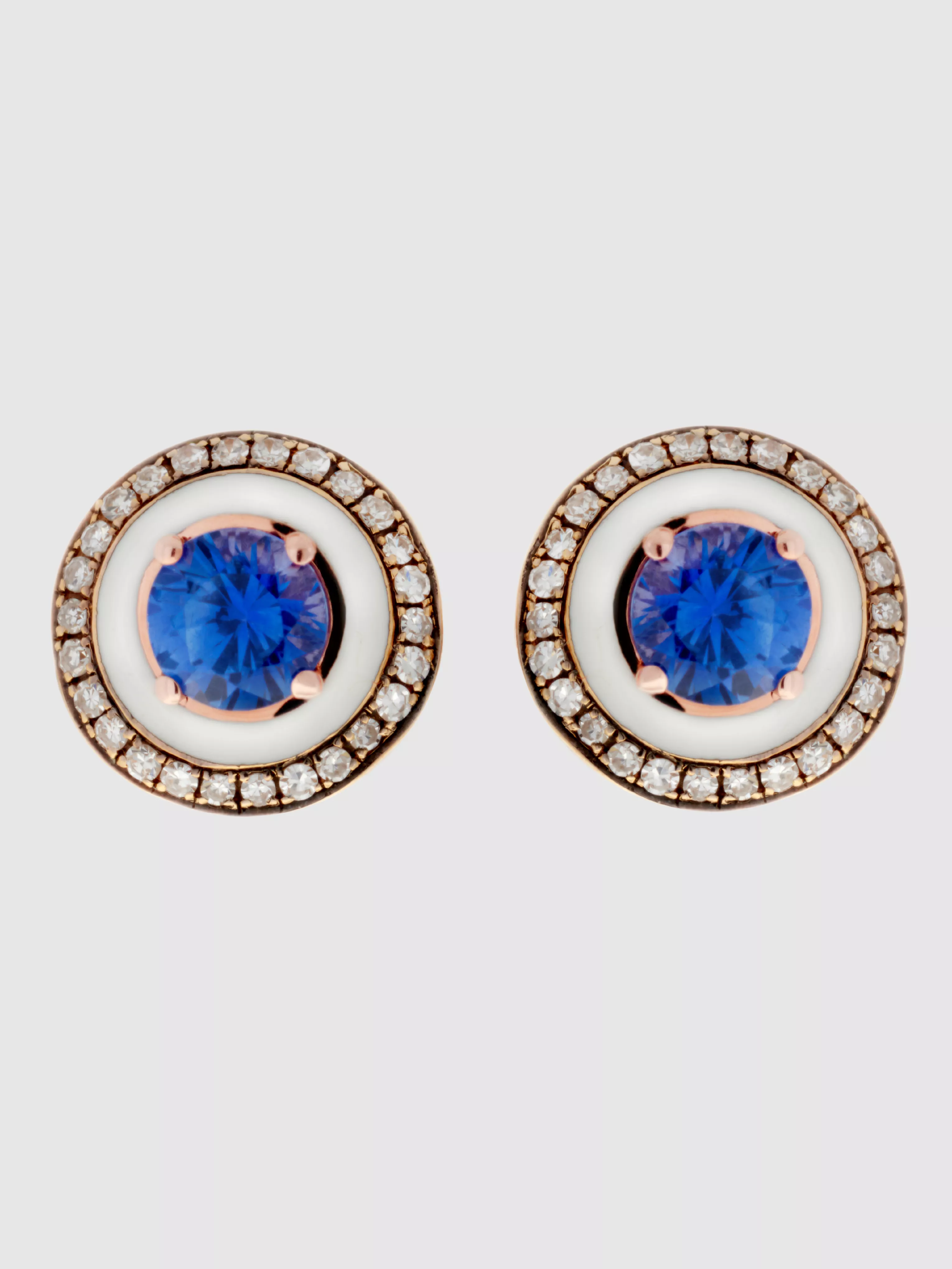 Round Enamel Earrings in Pink Gold/Diamond/Blue Sapphire