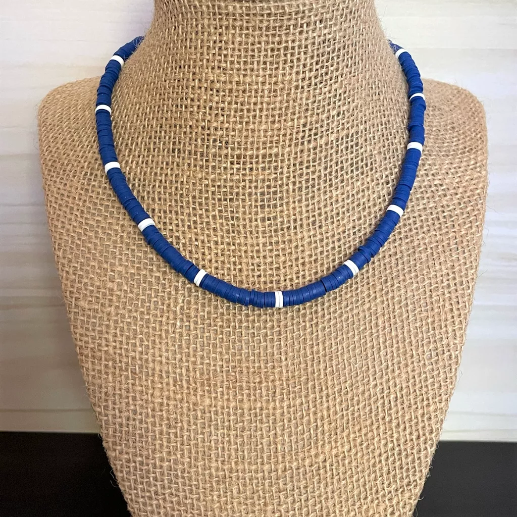 Royal Blue and White Mens Polymer Beaded Necklace