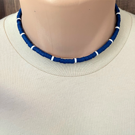 Royal Blue and White Mens Polymer Beaded Necklace