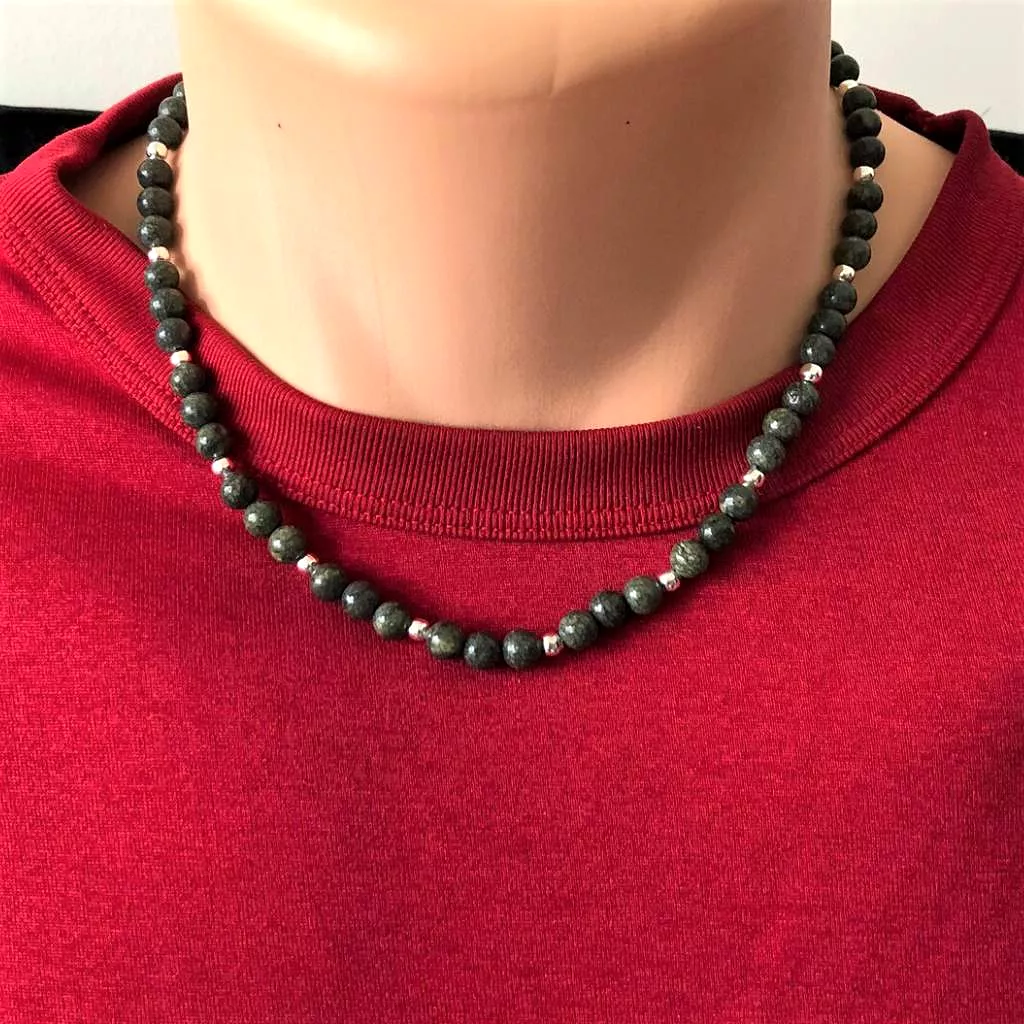 Russian Serpentine and Silver Beaded Mens Necklace