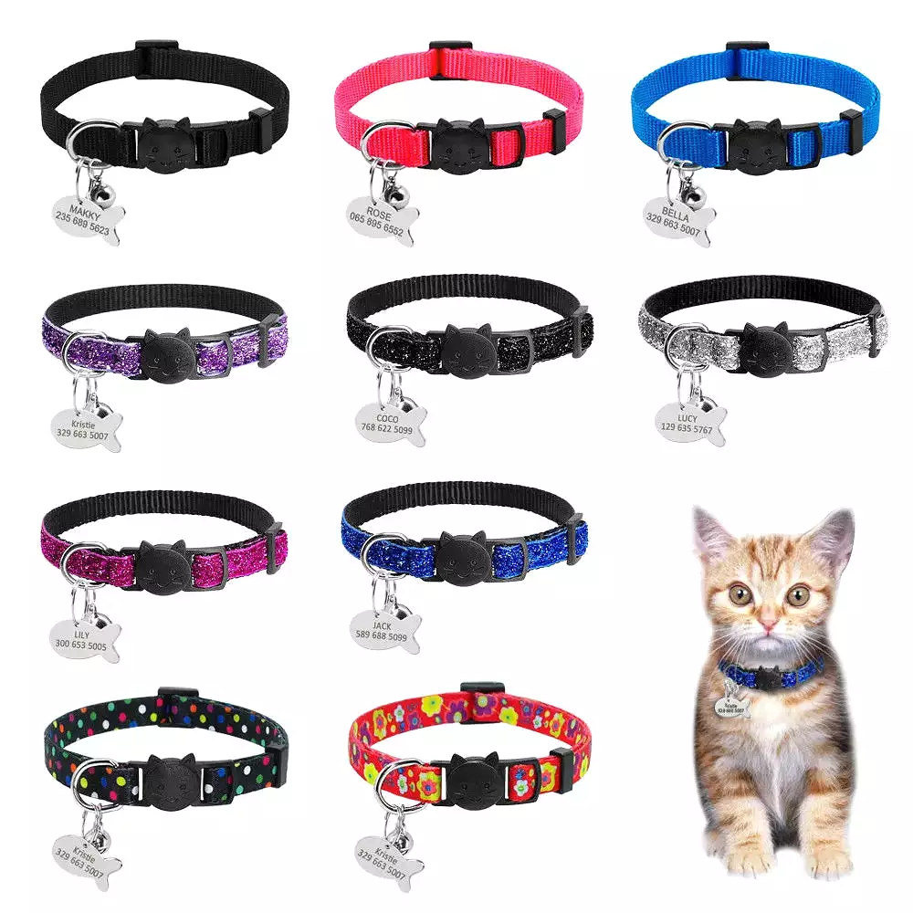 Safety Breakaway Cat Collars Quick Release Kitten Collar Personalized Custom Cats Collar Necklace with Bell for Cat Kitty Puppy