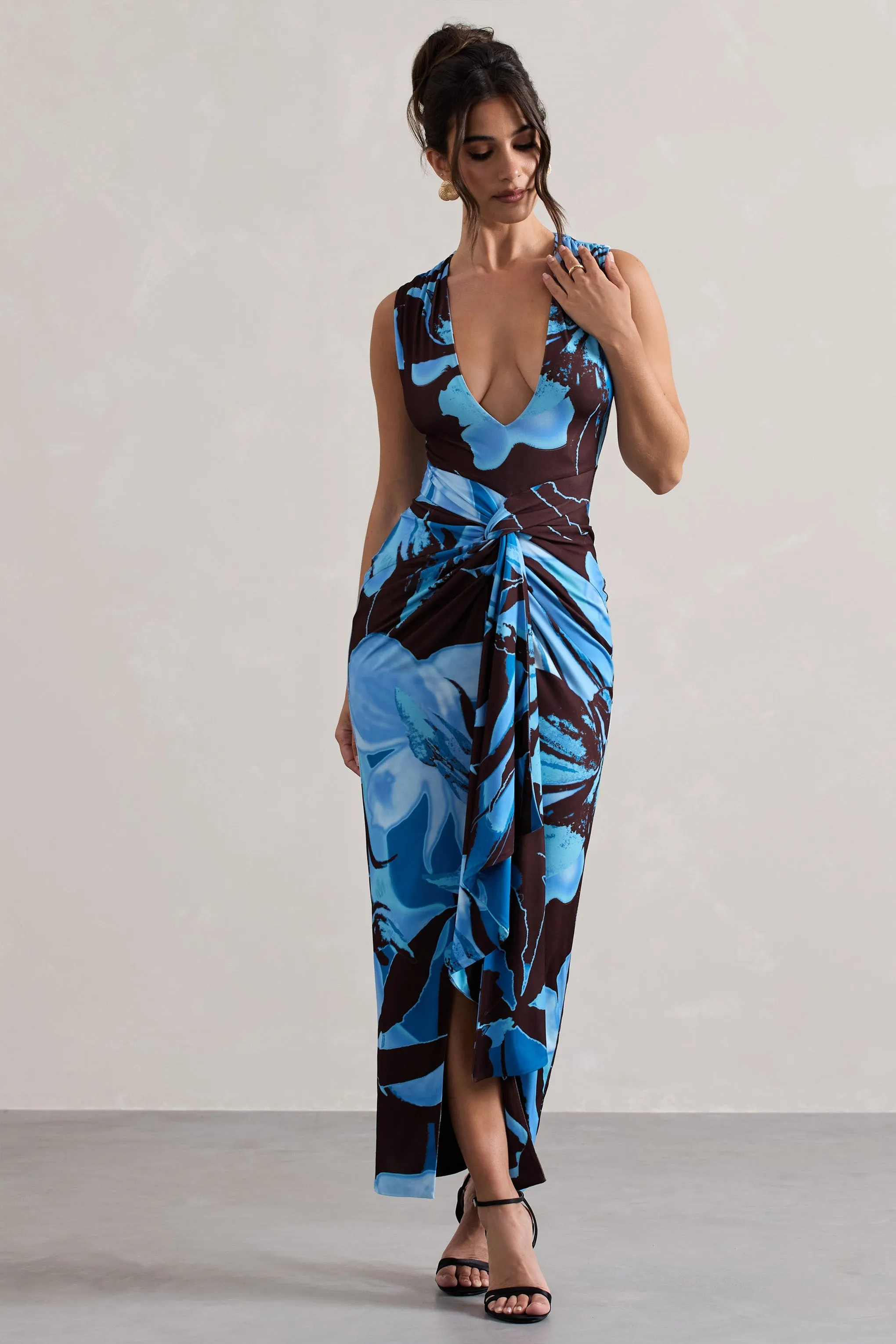 Santana | Floral Print Plunge-Neck Split Maxi Dress With Knot Detail