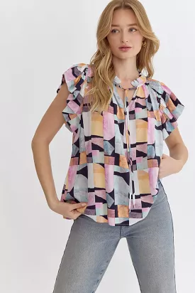 Self Tie Geo Print N-Neck Ruffle Sleeve Top