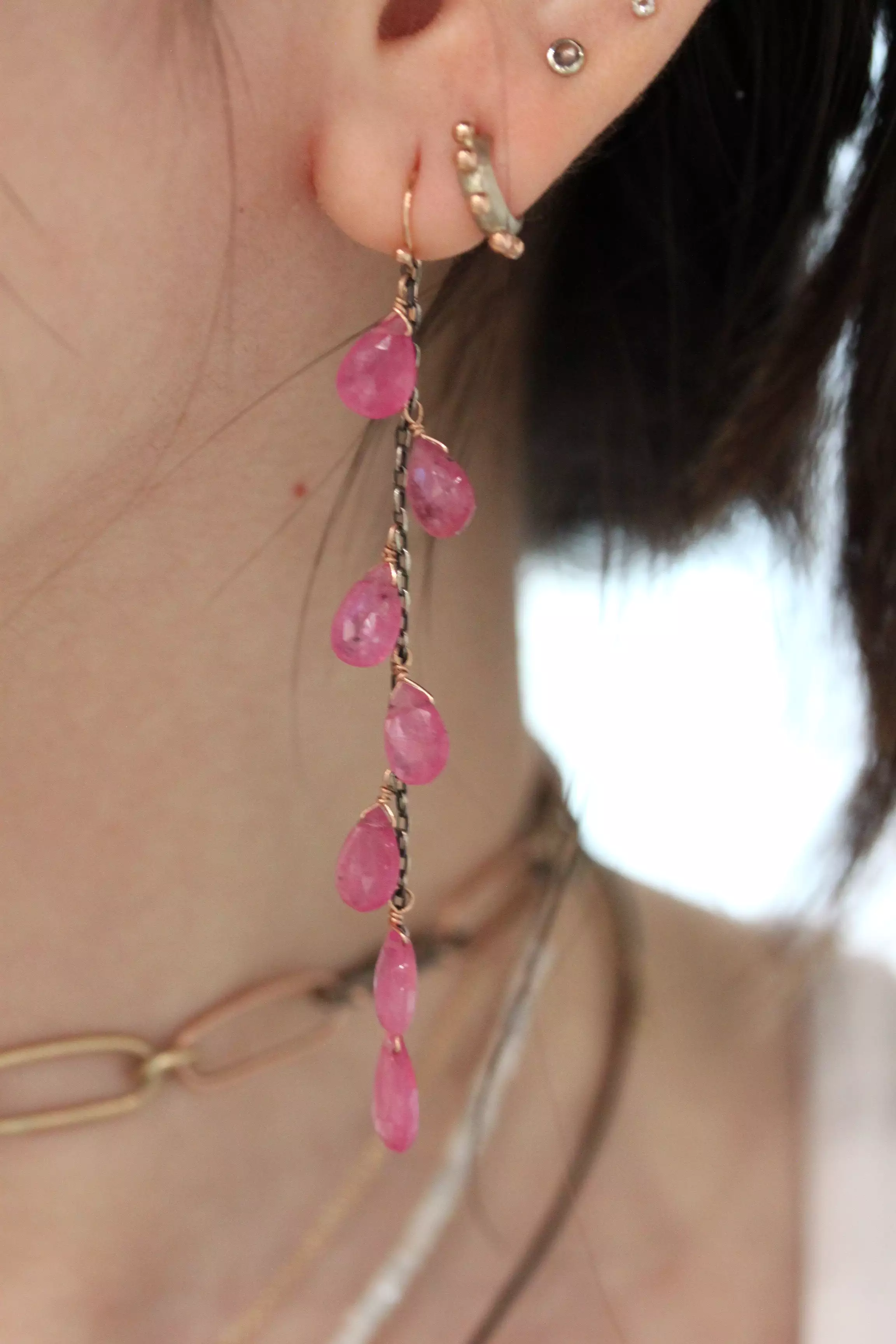 Seven Drop Pink Sapphire Dangle Earrings