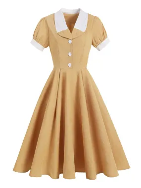 Shawl Collar Buttons High Waist Vintage Corduroy Midi Swing Dress Women Short Sleeve Pocket Side Midi Elegant Dresses