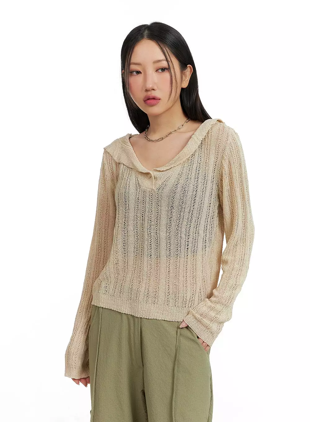 Shawl Collar Sheer Knit Top CM422