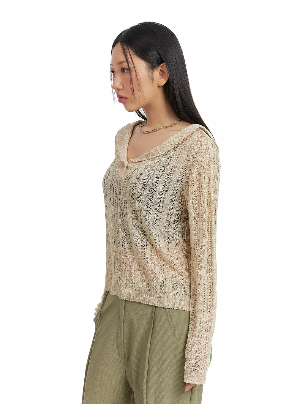 Shawl Collar Sheer Knit Top CM422