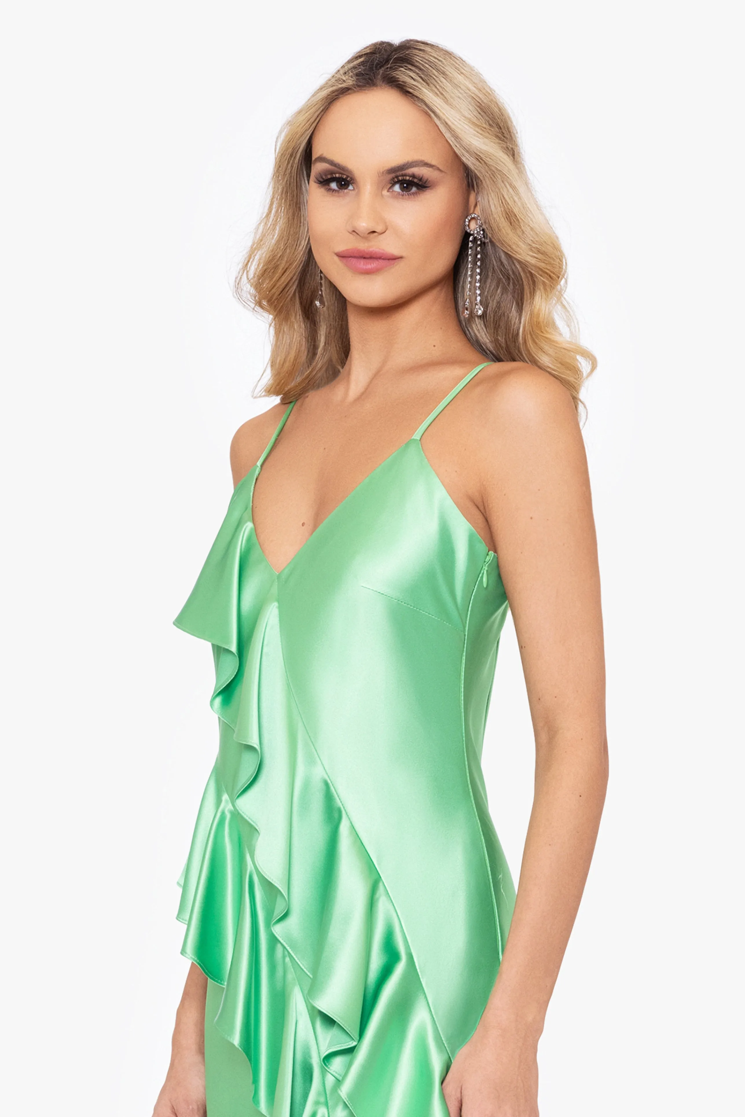 Shayla Long Charmeuse Spaghetti Ruffle Front Dress