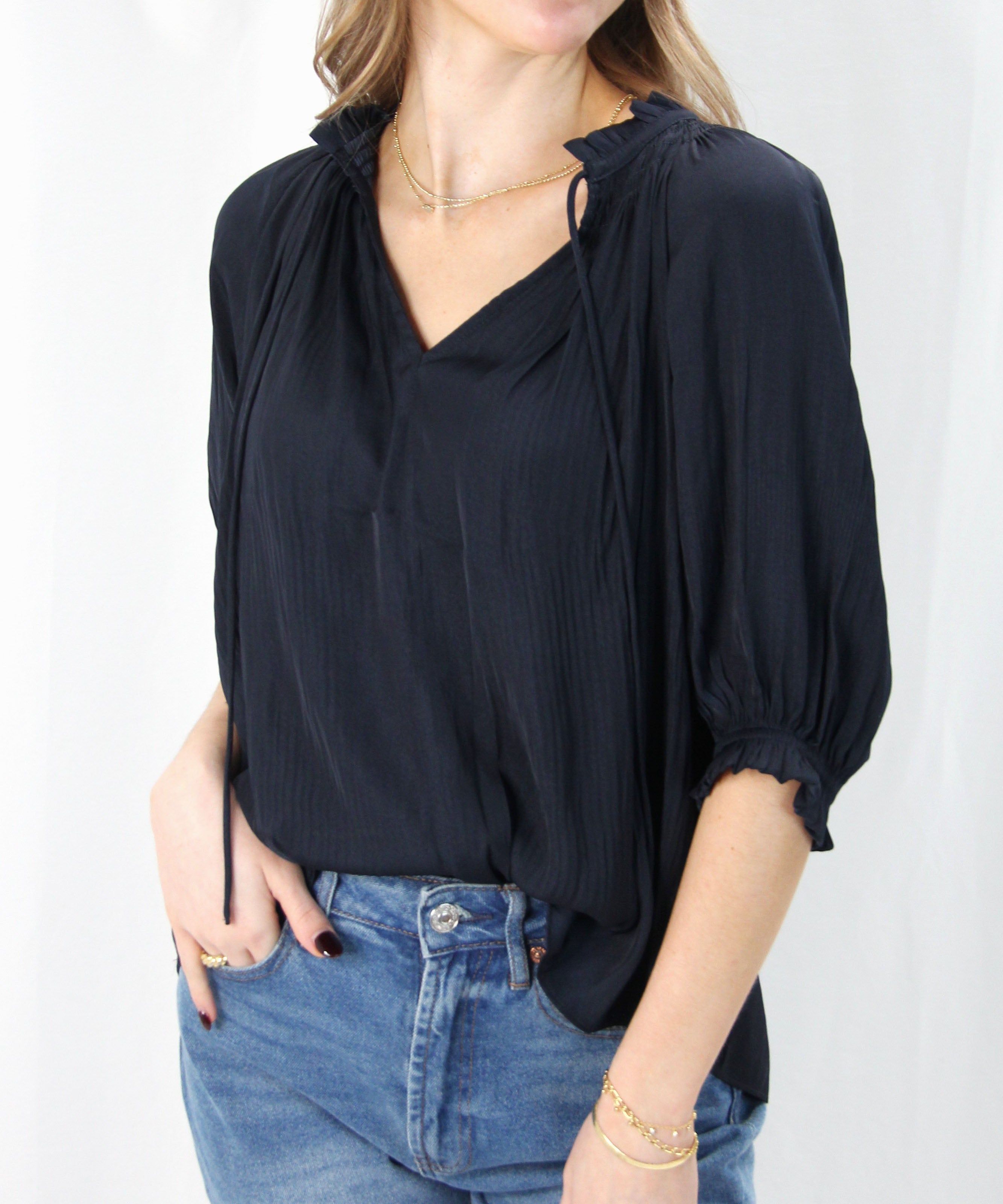 Short Sleeve Tie Front Top - Dark Navy