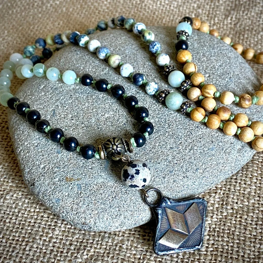 Shungite Bead Mala with Aventurine, Dalmatian Stone, Palo Santo Wood