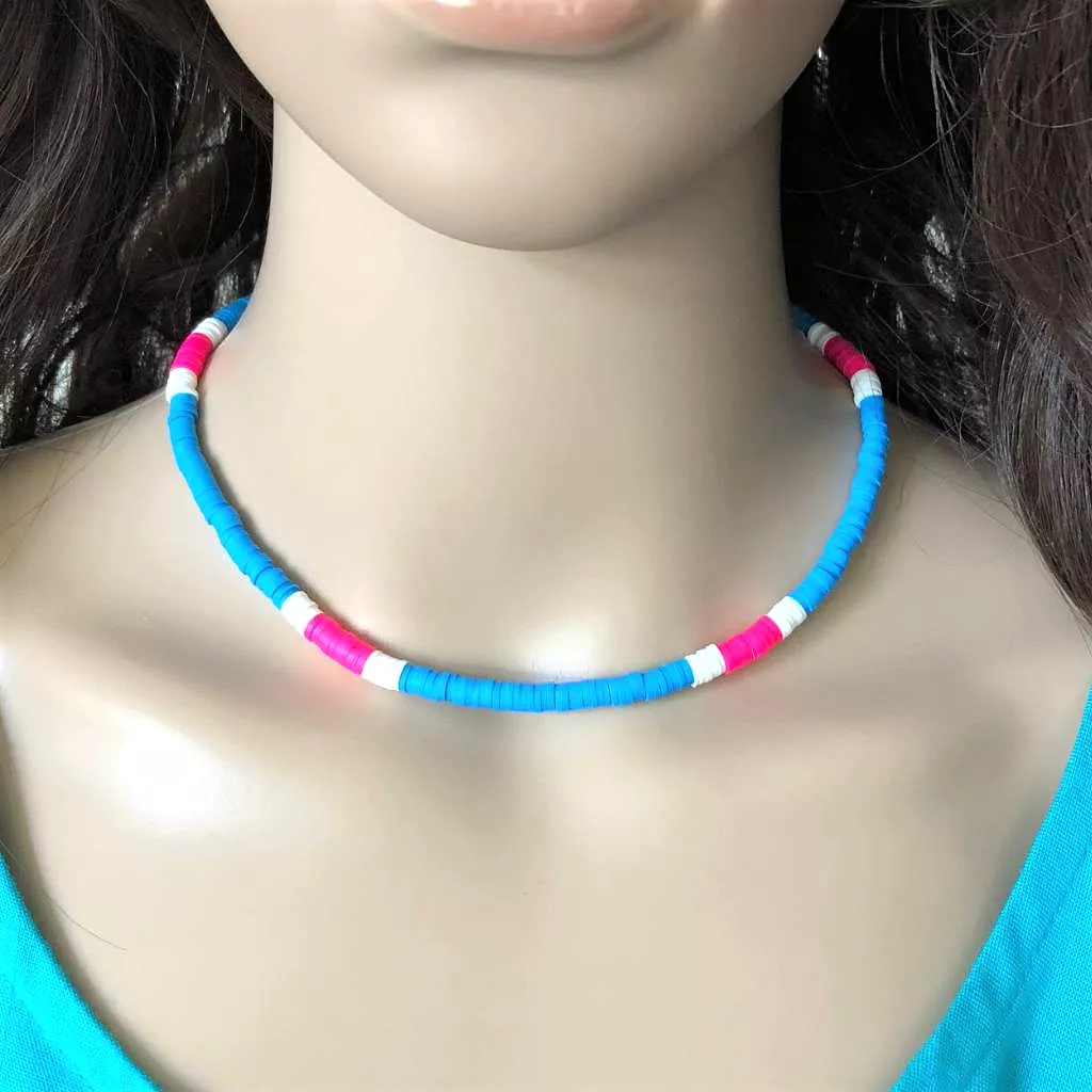 Sky Blue Pink and White Polymer Beaded Necklace