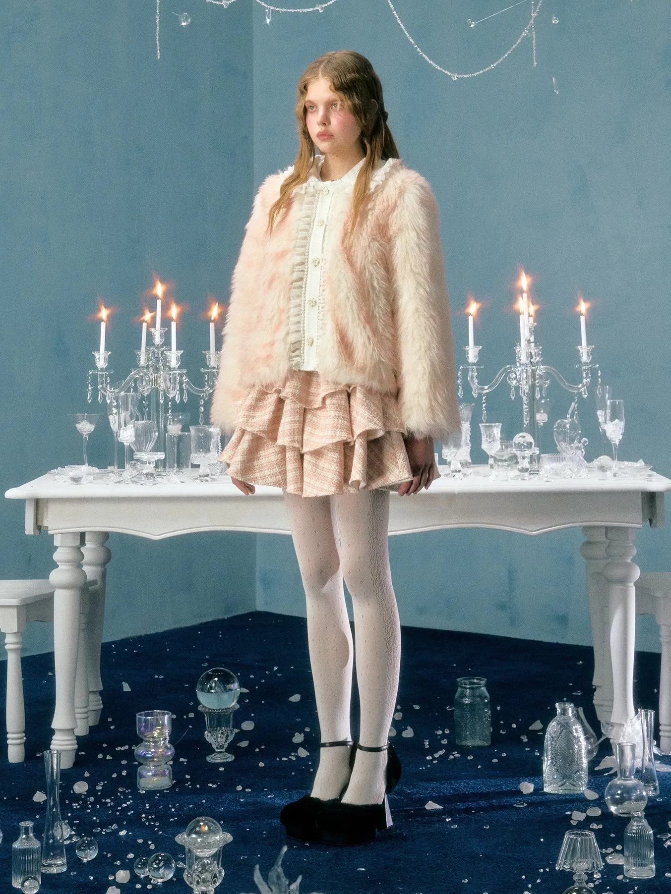 Smudged Pearl Lace Short Imitation Fur Coat