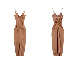 Spaghetti Strap V-Neck Plain Maxi Bodycon Dress aa11