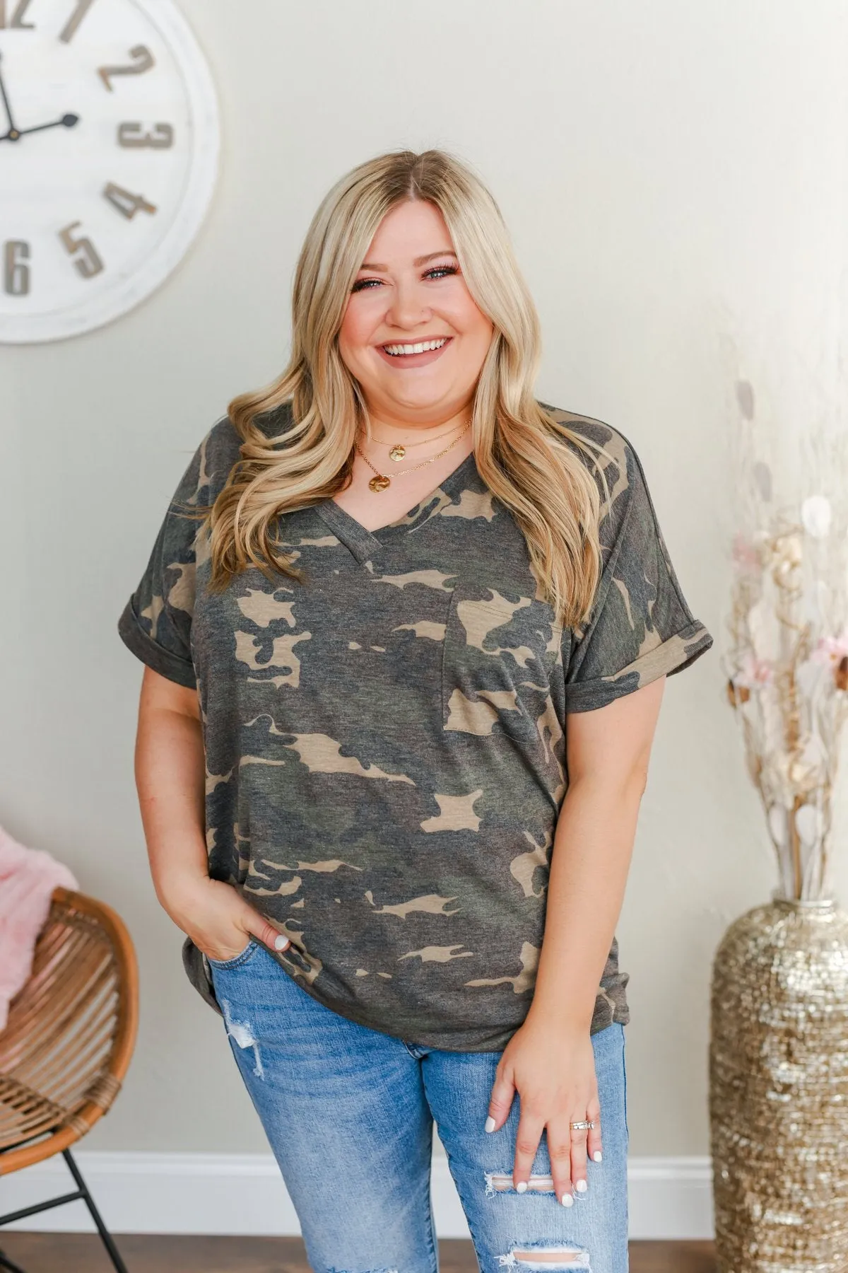 Sweetheart Wishes V-Neck Top- Camo