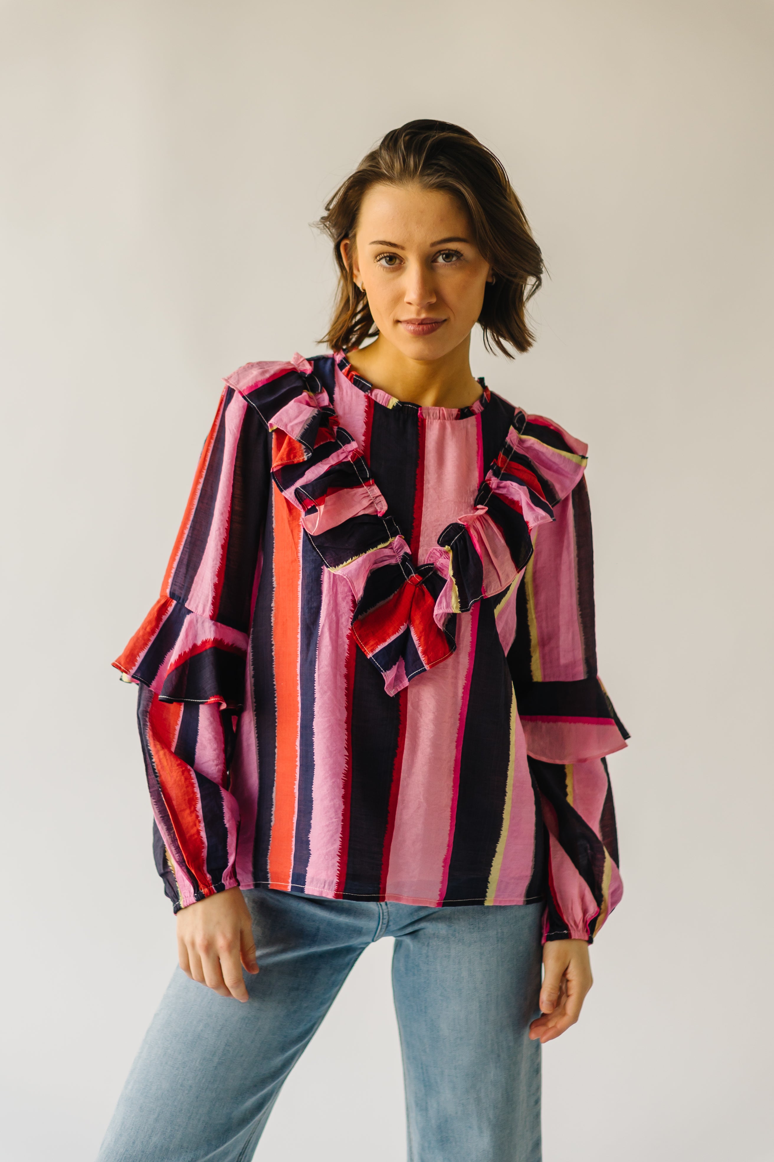 The Belterra Ruffle Detail Blouse in Pink Stripe