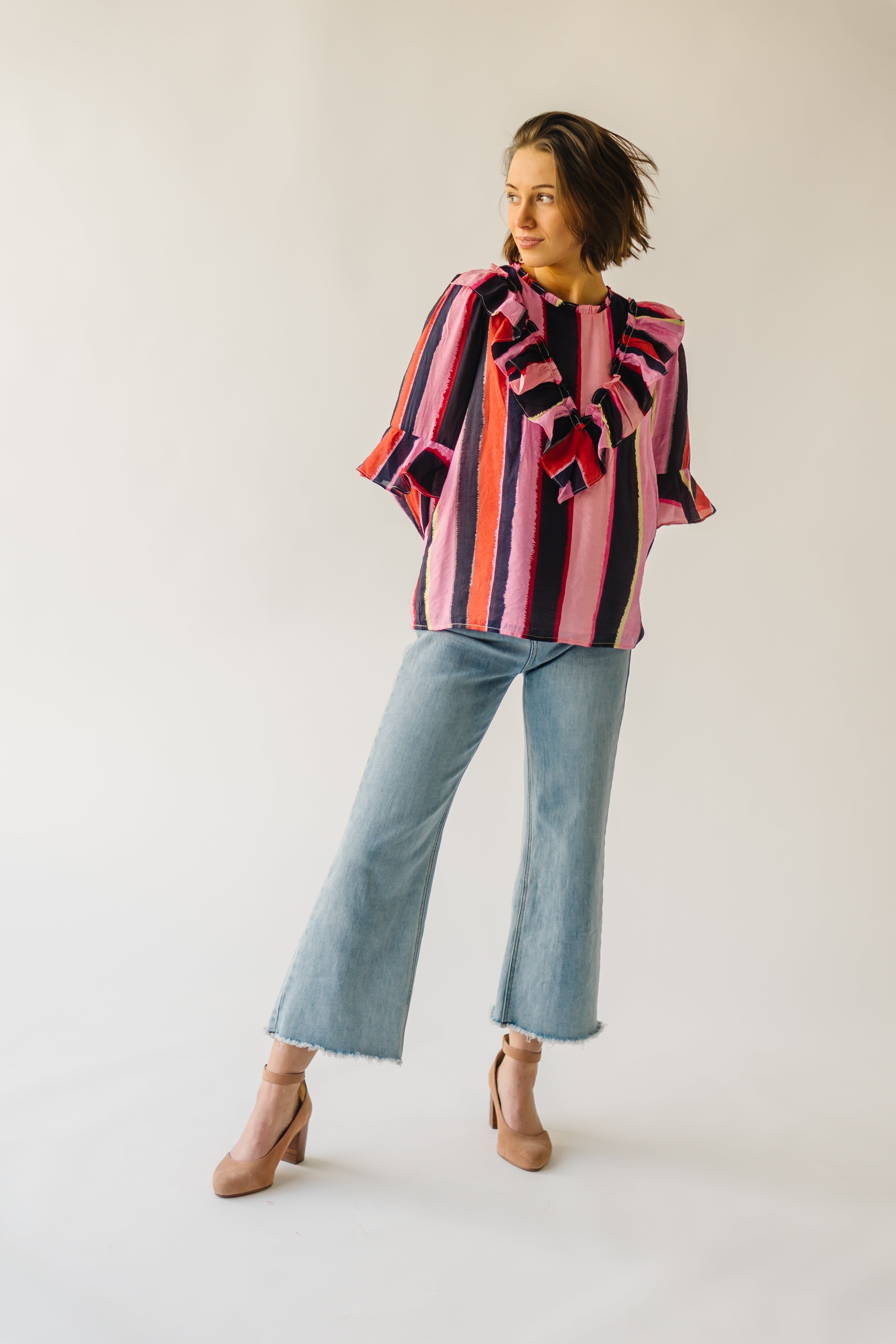 The Belterra Ruffle Detail Blouse in Pink Stripe