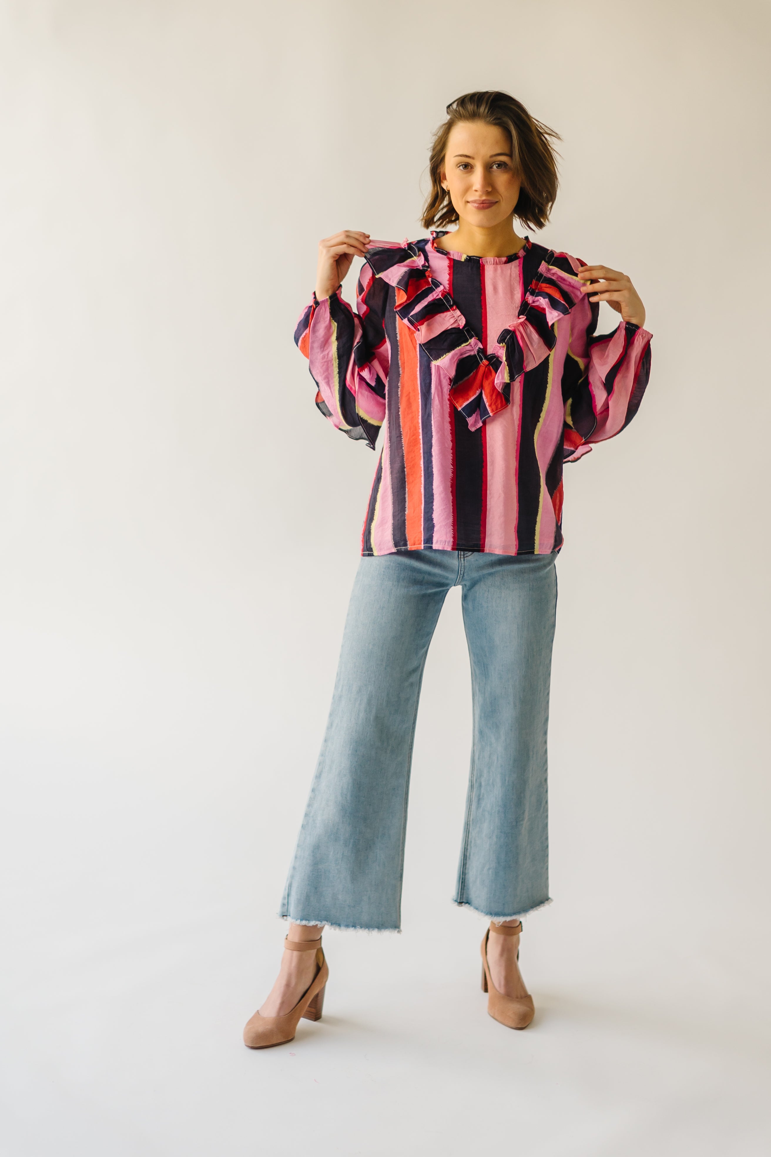 The Belterra Ruffle Detail Blouse in Pink Stripe