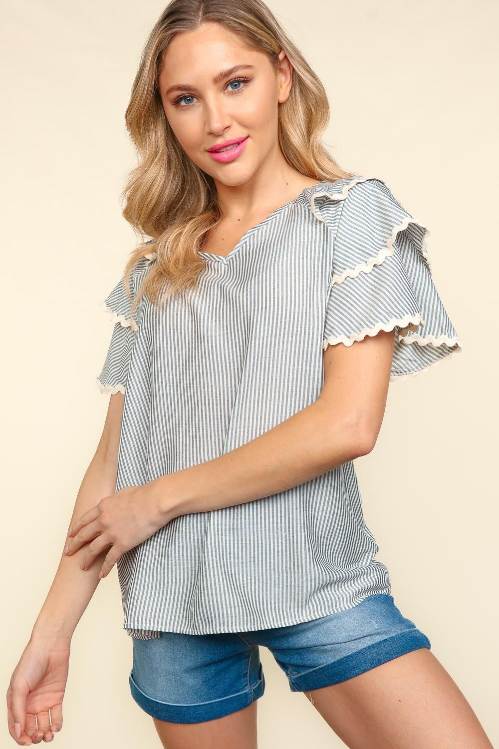 The Bettina Gray Striped Flutter Sleeve Blouse