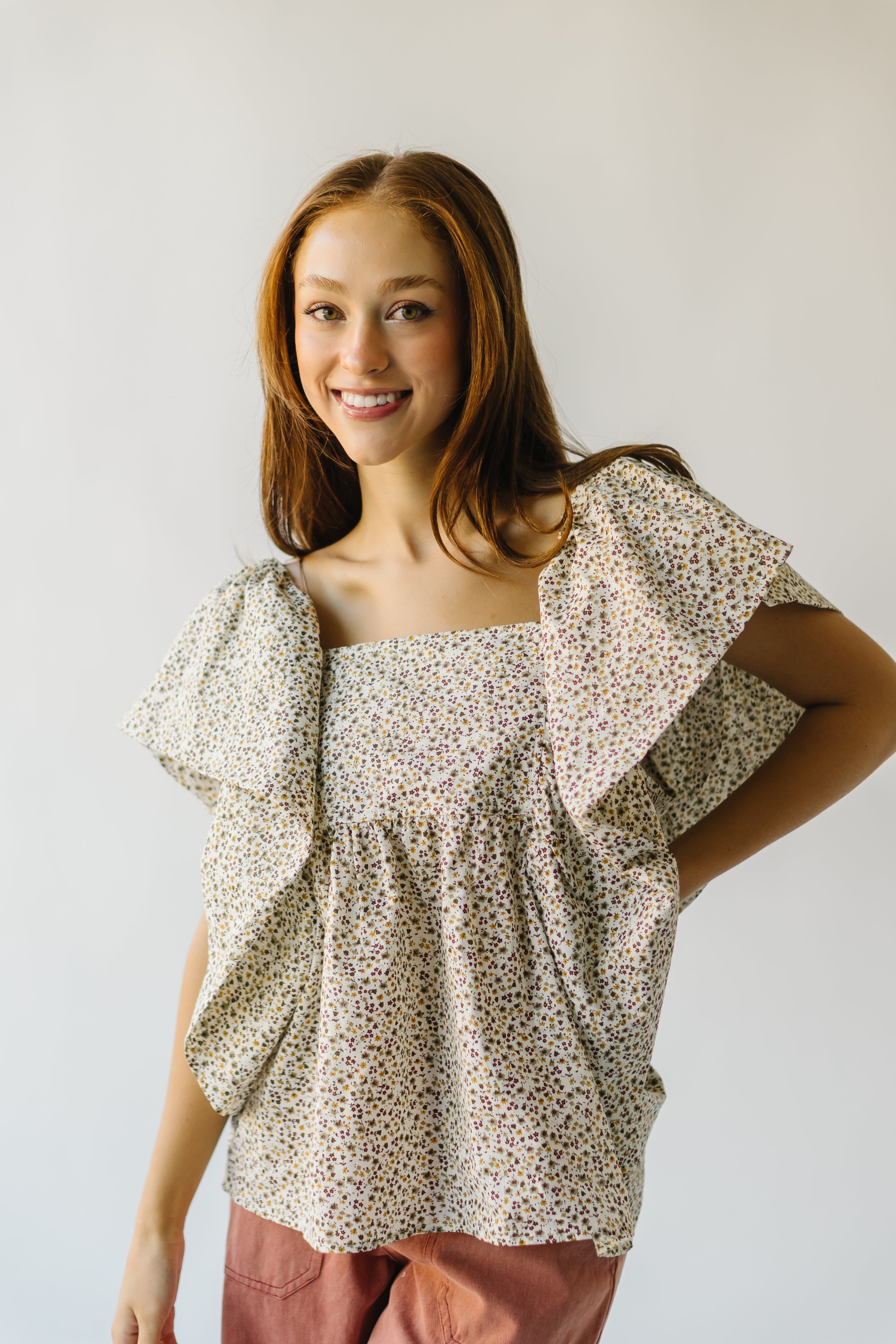 The Bilton Floral Print Ruffle Blouse in Brown