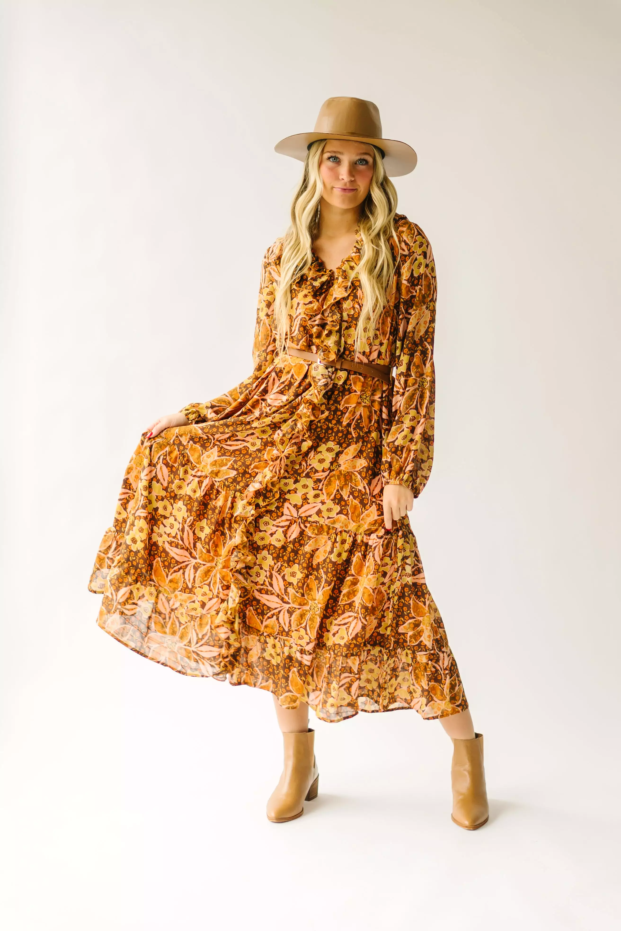 The Brunatti V-Neck Ruffle Dress in Apricot Floral