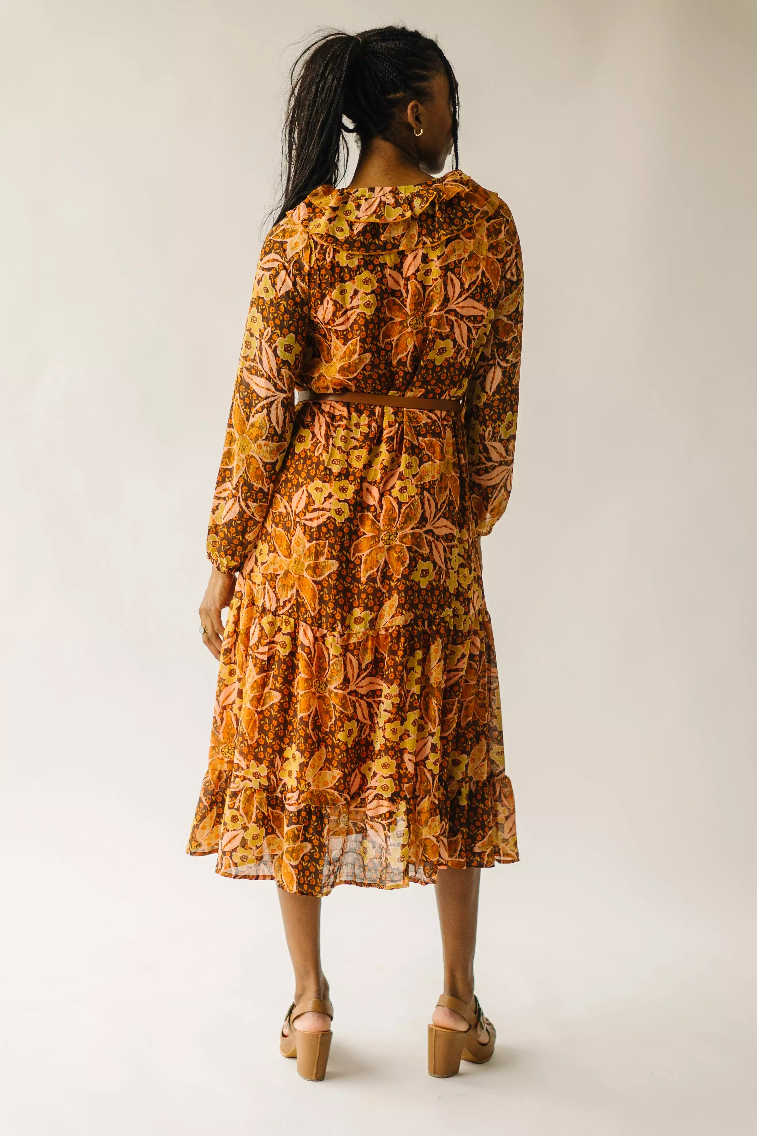 The Brunatti V-Neck Ruffle Dress in Apricot Floral