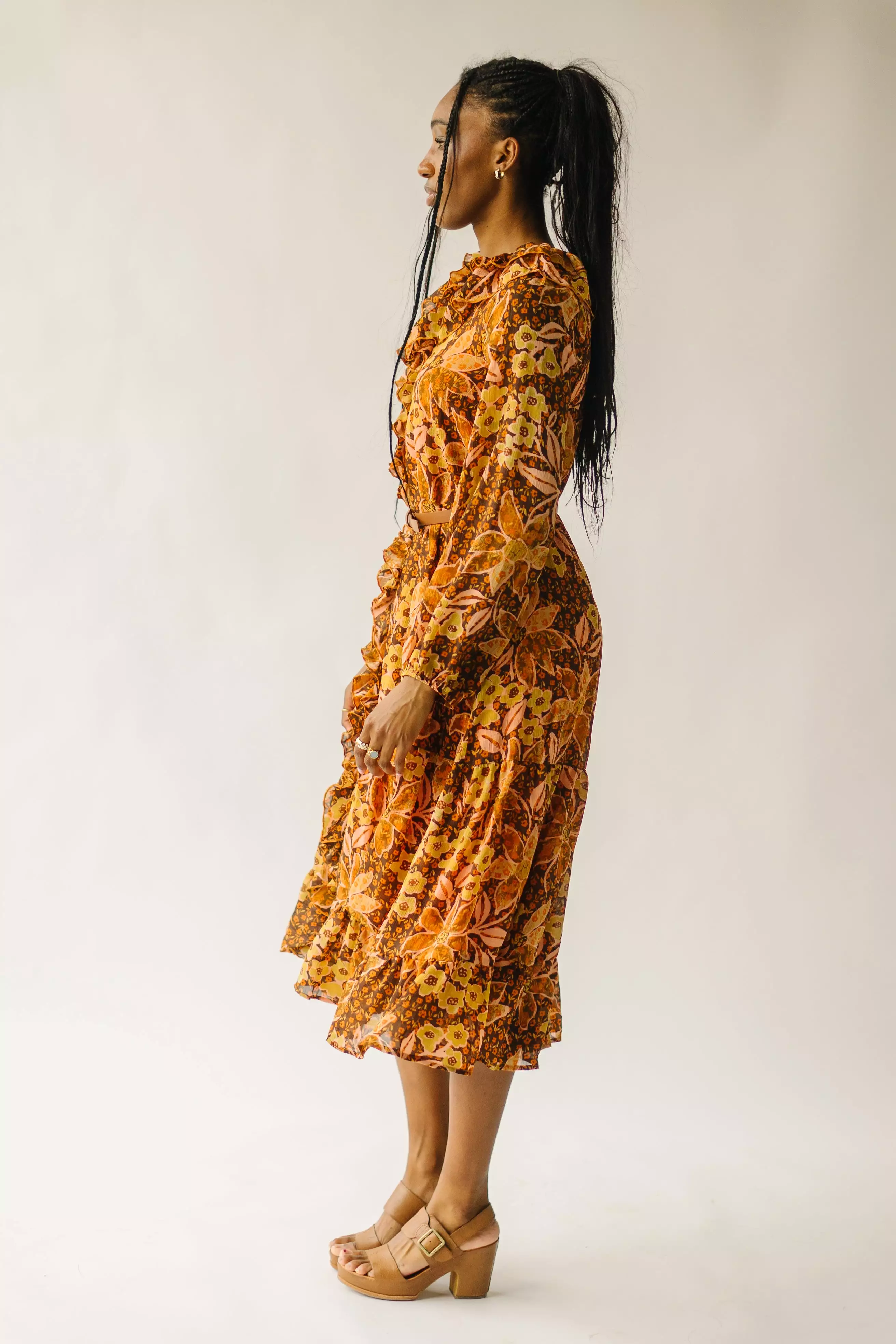 The Brunatti V-Neck Ruffle Dress in Apricot Floral