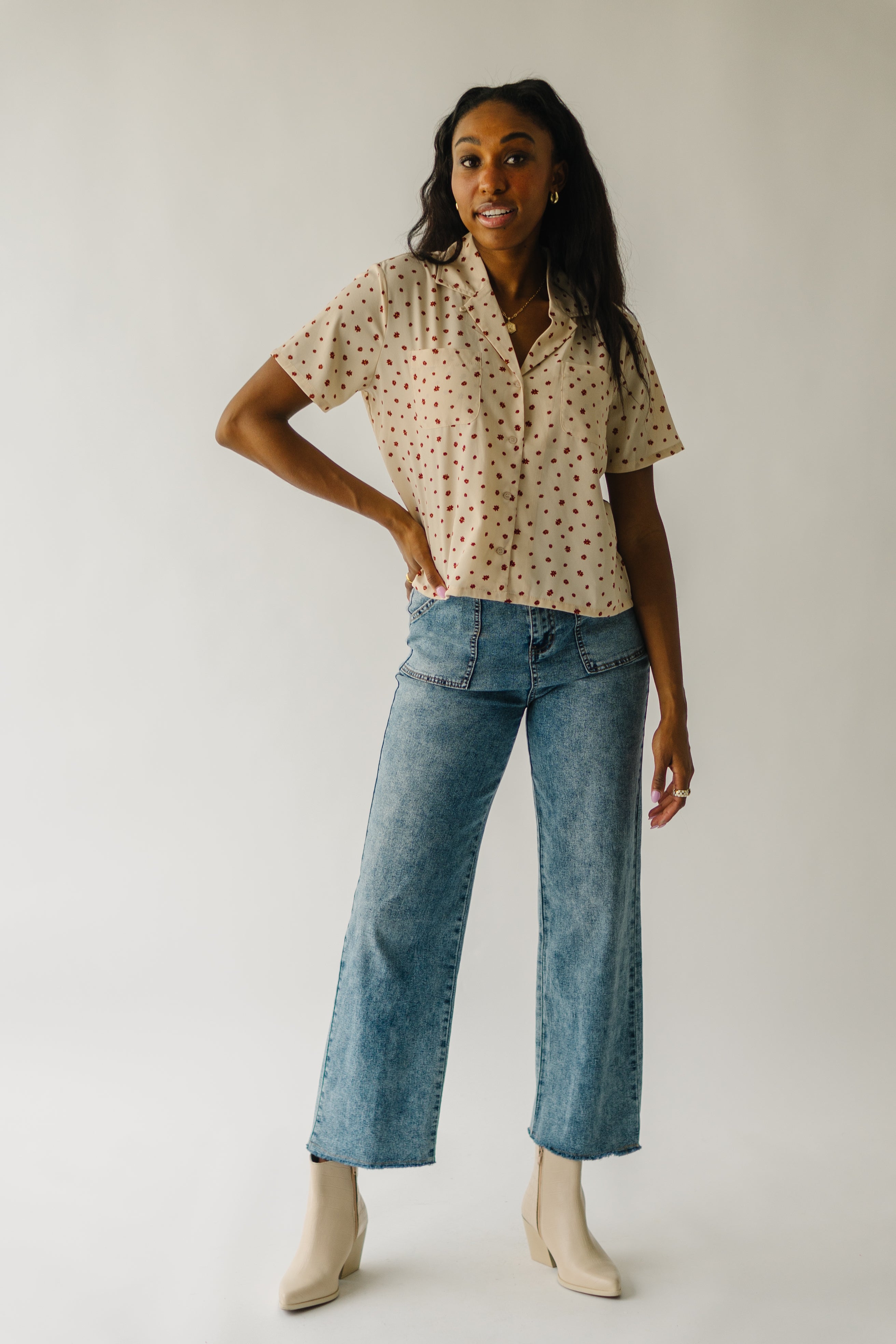 The Cantril Floral Patterned Button-Up Blouse in Light Taupe