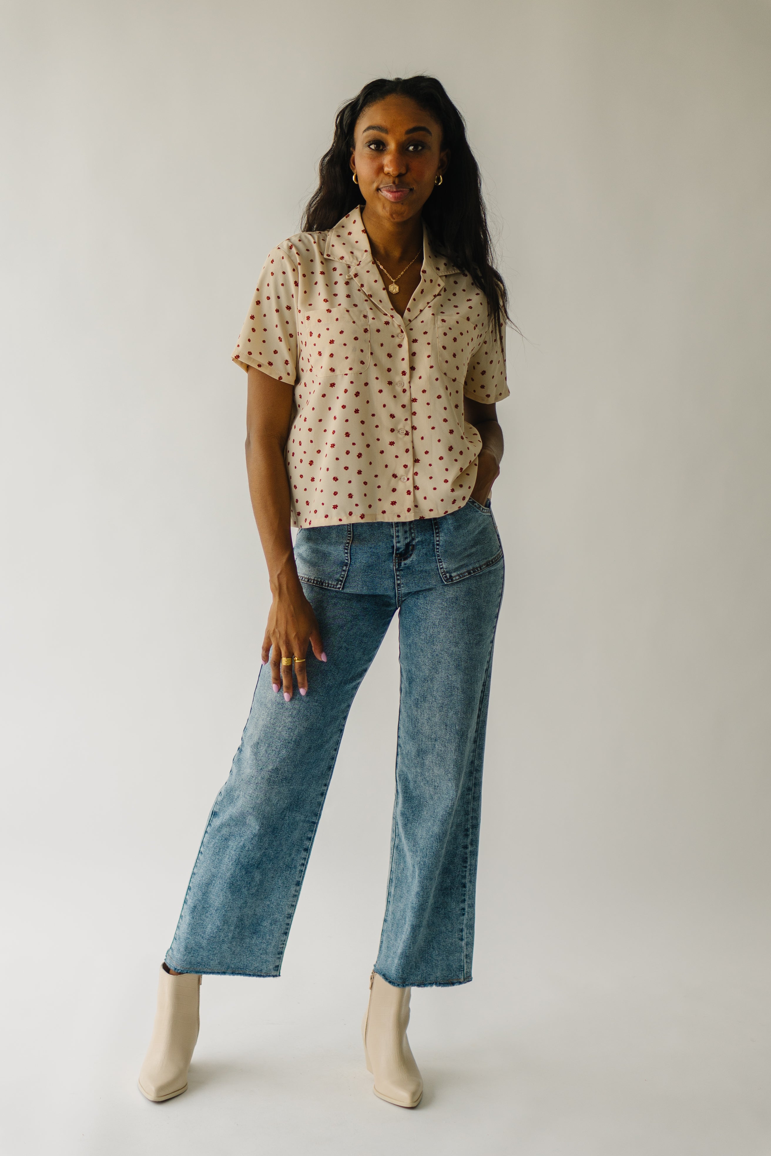 The Cantril Floral Patterned Button-Up Blouse in Light Taupe