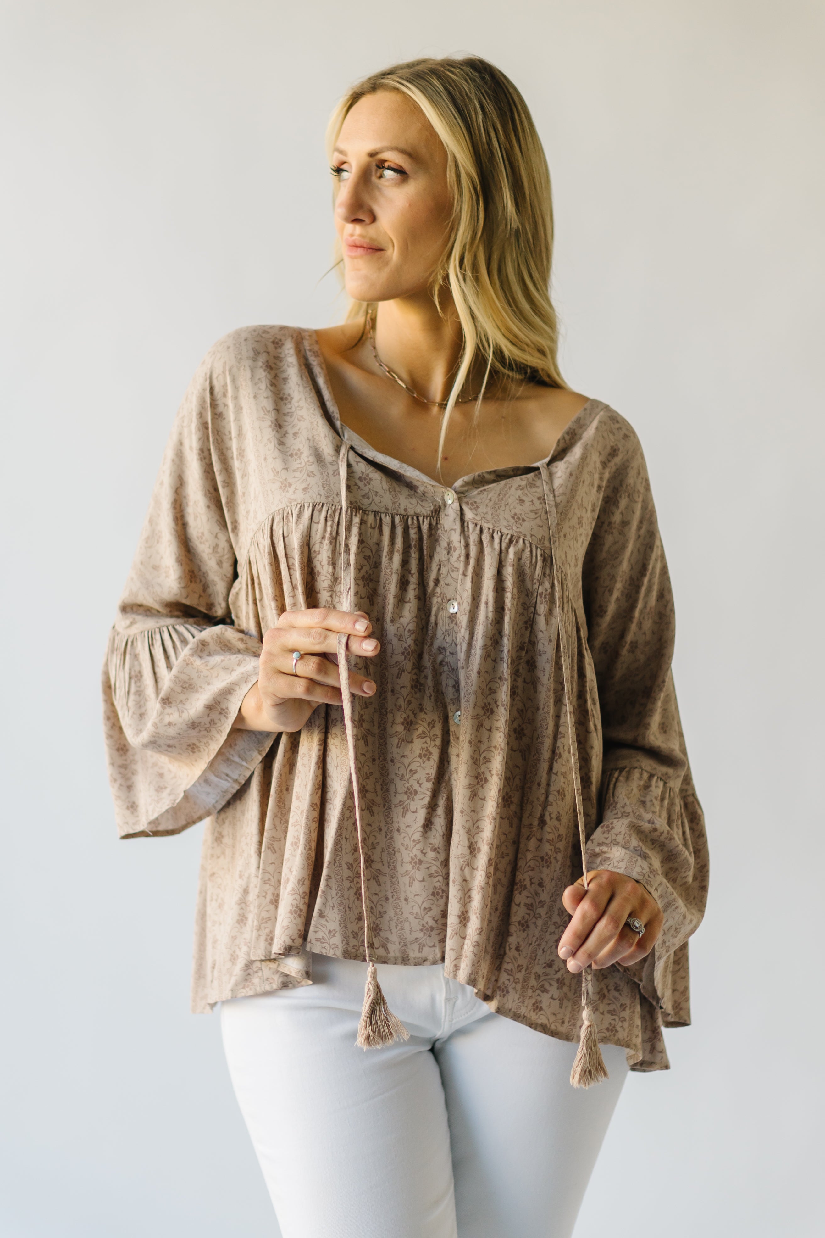 The Craigmont V-Neck Flare Blouse in Taupe